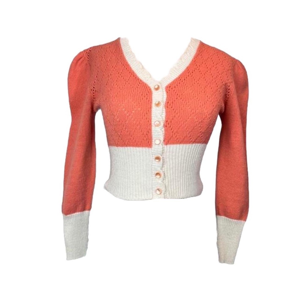 VINTAGE 60s 70s SWEATER V NECK PUFF SLEEVE BUTTON FRONT LONG SLEEVE M Fits S